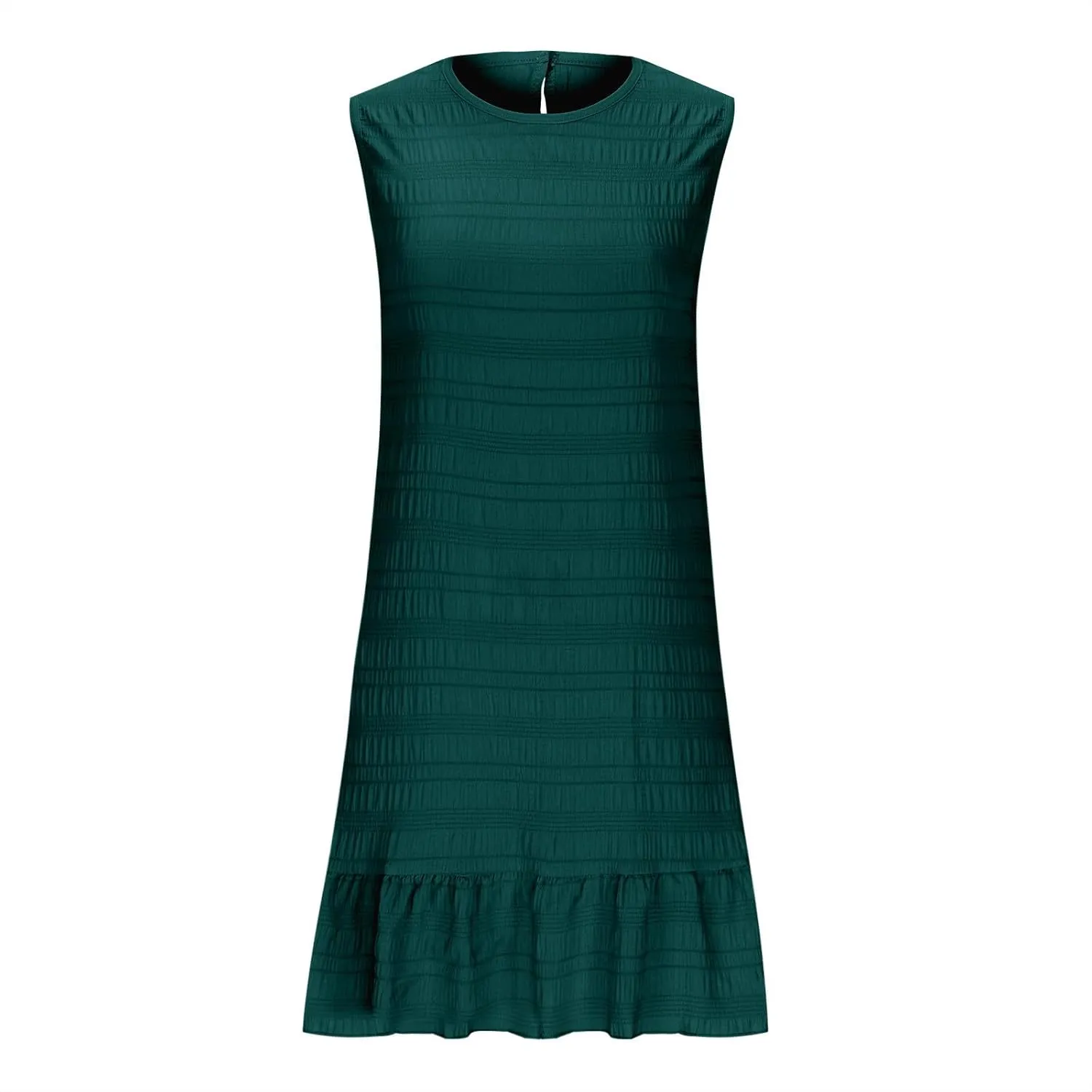 Women's Crinkle Ruffle Hem Tank Dress Round Neck Sleeveless Casual Smocked Dresses Summer Mini Sundress