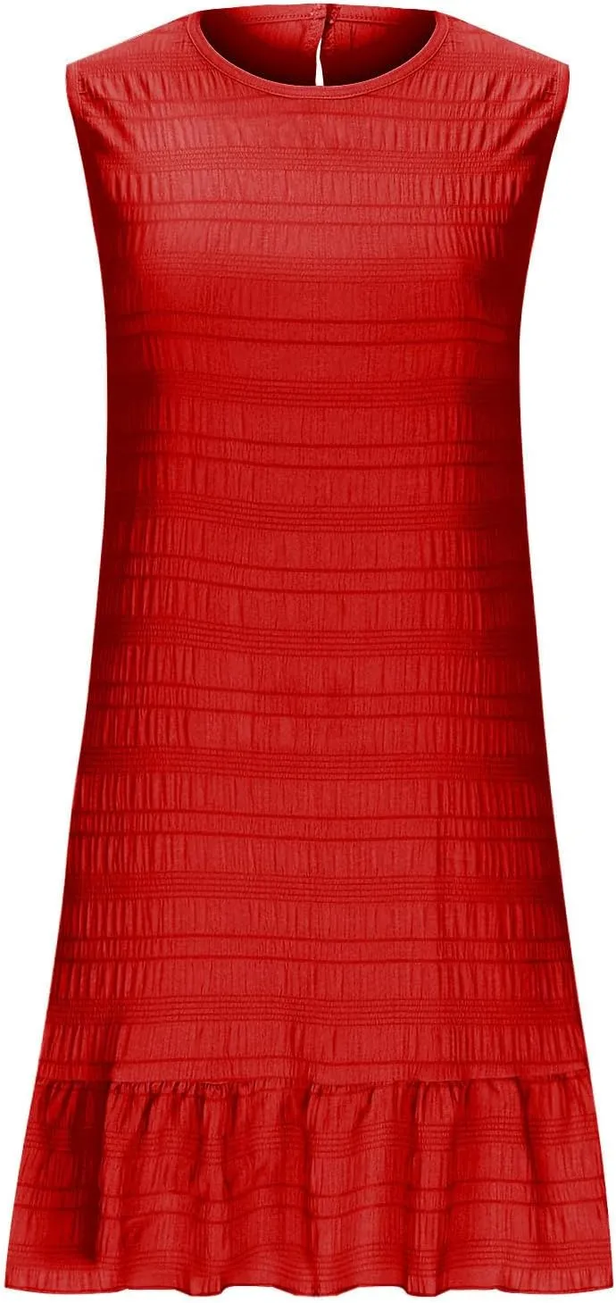 Women's Crinkle Ruffle Hem Tank Dress Round Neck Sleeveless Casual Smocked Dresses Summer Mini Sundress