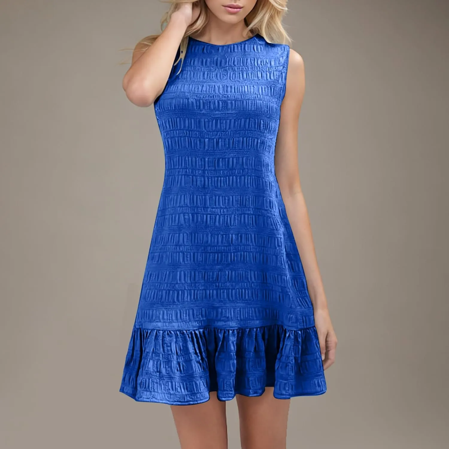 Women's Crinkle Ruffle Hem Tank Dress Round Neck Sleeveless Casual Smocked Dresses Summer Mini Sundress