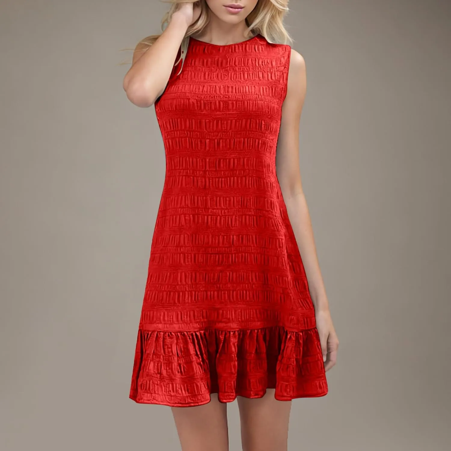 Women's Crinkle Ruffle Hem Tank Dress Round Neck Sleeveless Casual Smocked Dresses Summer Mini Sundress