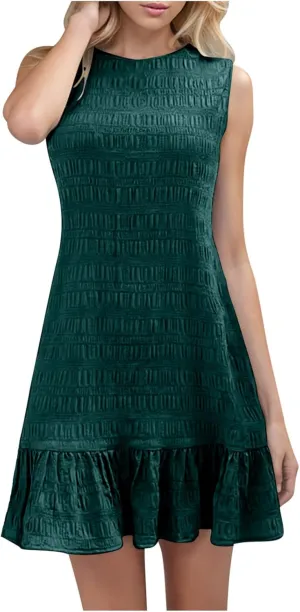 Women's Crinkle Ruffle Hem Tank Dress Round Neck Sleeveless Casual Smocked Dresses Summer Mini Sundress