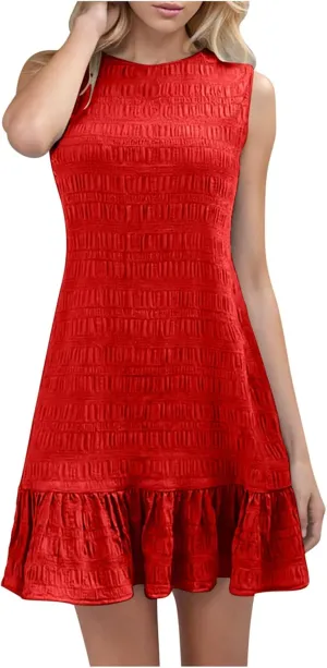 Women's Crinkle Ruffle Hem Tank Dress Round Neck Sleeveless Casual Smocked Dresses Summer Mini Sundress