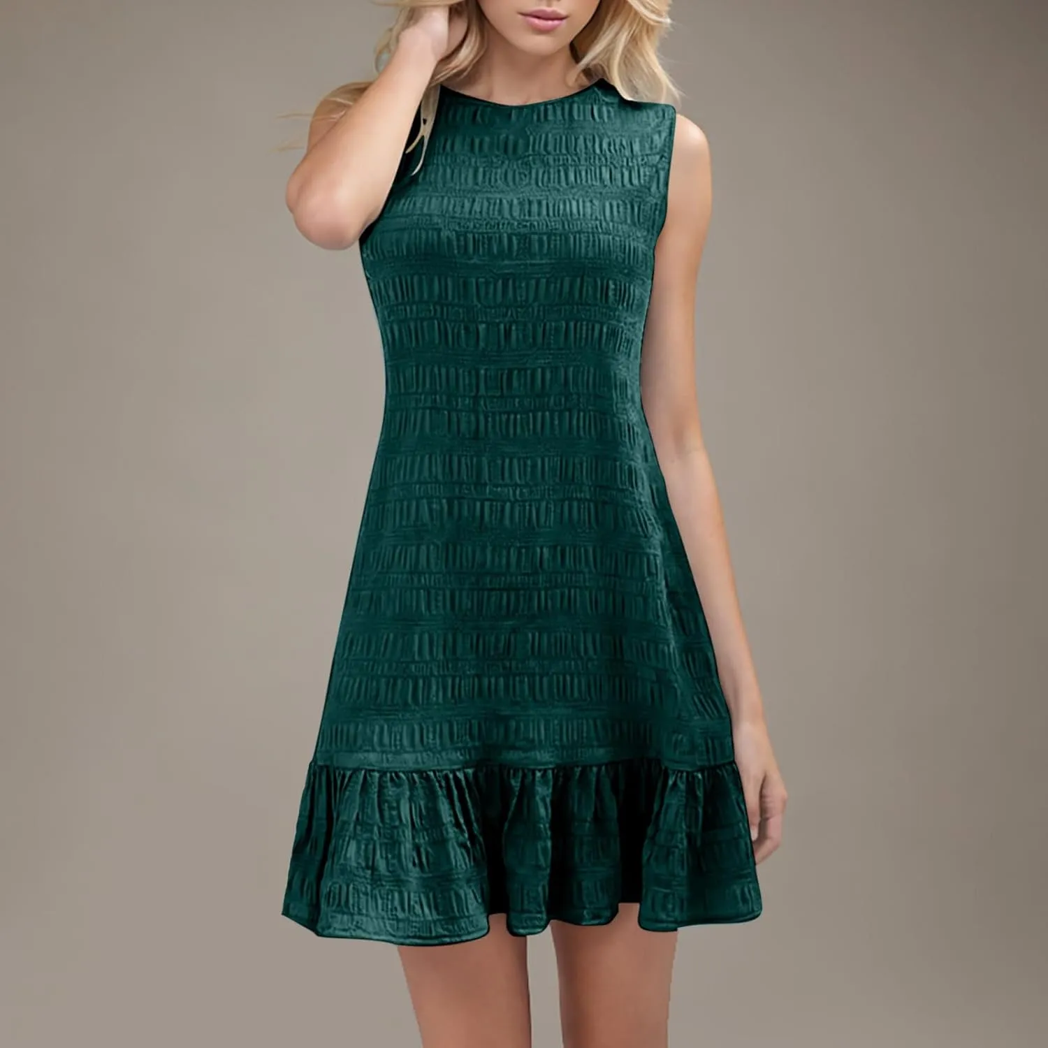 Women's Crinkle Ruffle Hem Tank Dress Round Neck Sleeveless Casual Smocked Dresses Summer Mini Sundress
