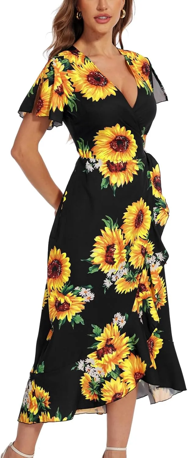 Womens Deep V Neck Wrap Maxi Dresses Casual Ruffle Hem Split Long Dress