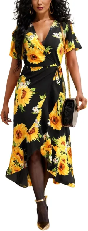 Womens Deep V Neck Wrap Maxi Dresses Casual Ruffle Hem Split Long Dress