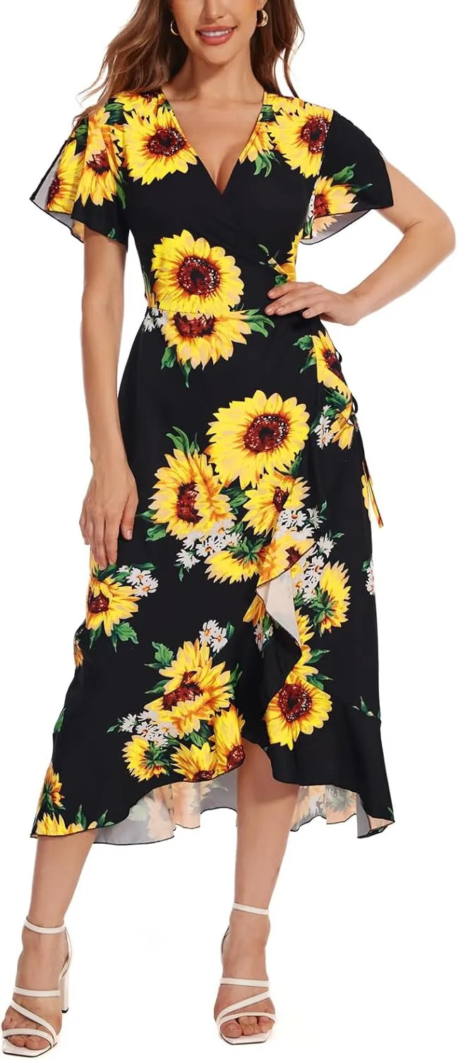 Womens Deep V Neck Wrap Maxi Dresses Casual Ruffle Hem Split Long Dress