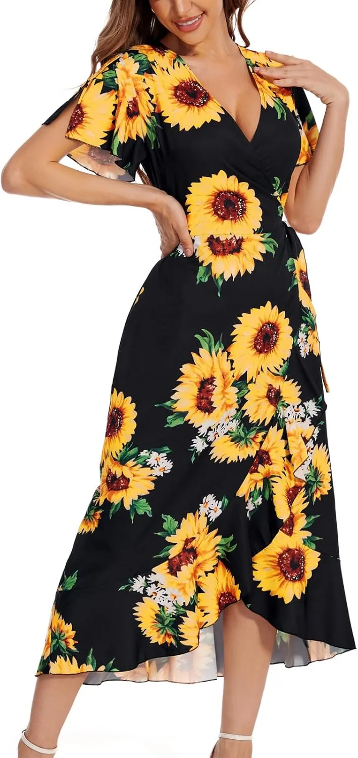 Womens Deep V Neck Wrap Maxi Dresses Casual Ruffle Hem Split Long Dress