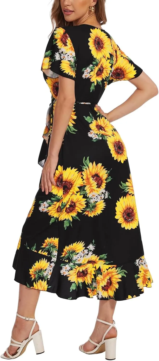 Womens Deep V Neck Wrap Maxi Dresses Casual Ruffle Hem Split Long Dress