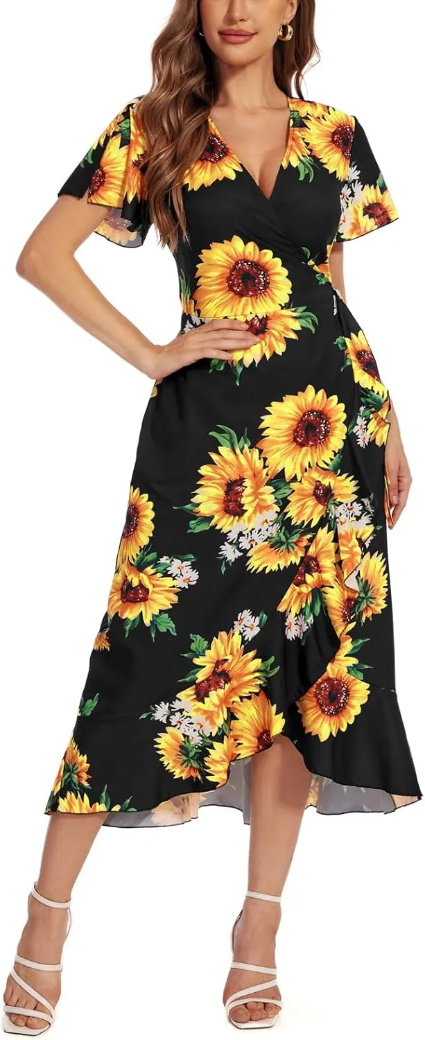 Womens Deep V Neck Wrap Maxi Dresses Casual Ruffle Hem Split Long Dress