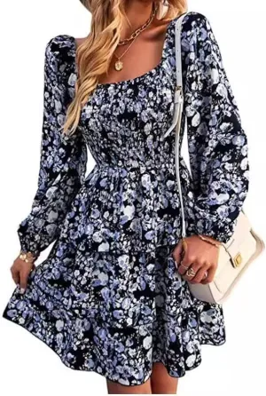Women's Elegant Floral Print Tiered Ruffle Mini Dress Casual Square Neck Long Sleeve Smocked Dresses Summer Beach Wear