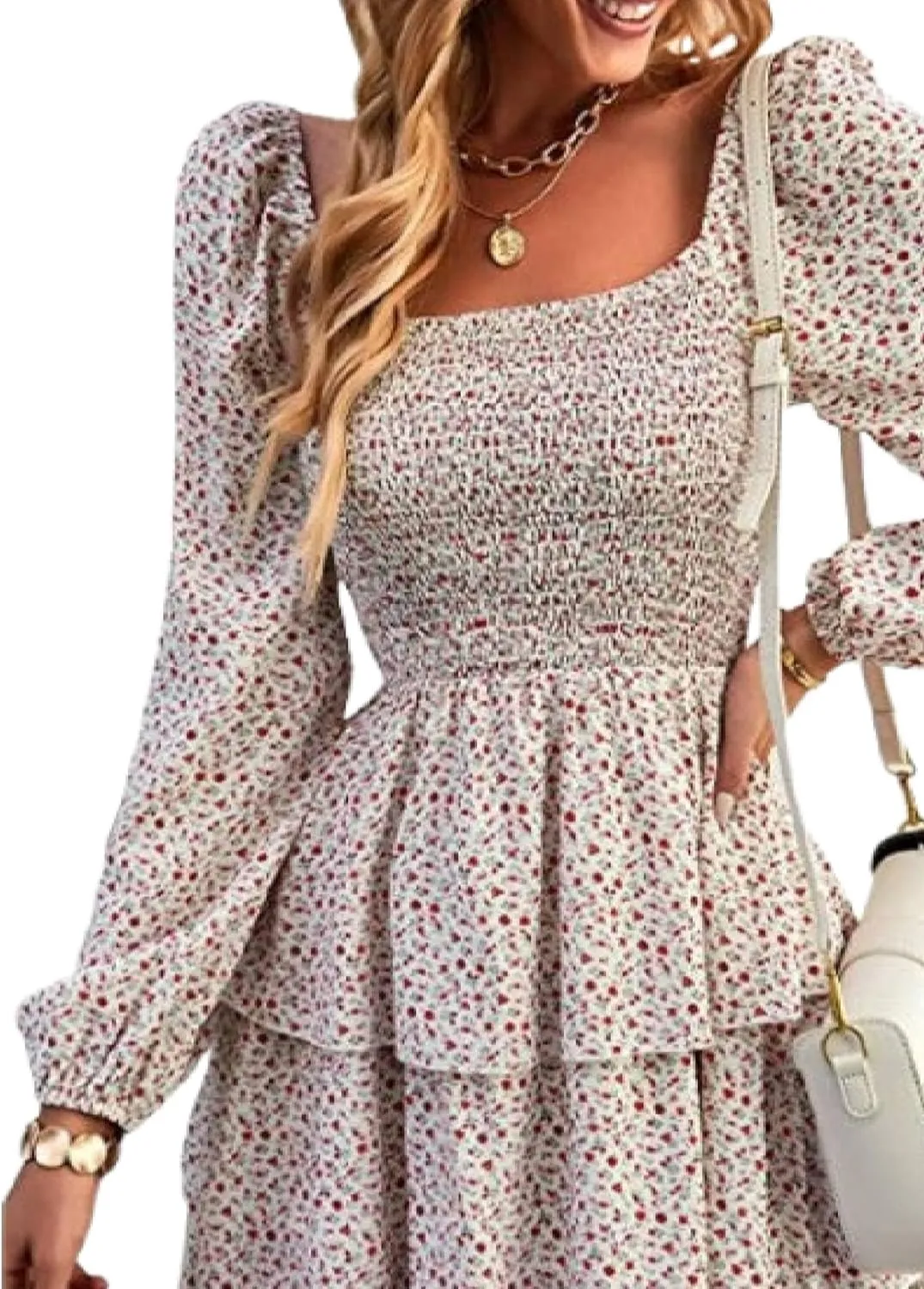 Women's Elegant Floral Print Tiered Ruffle Mini Dress Casual Square Neck Long Sleeve Smocked Dresses Summer Beach Wear