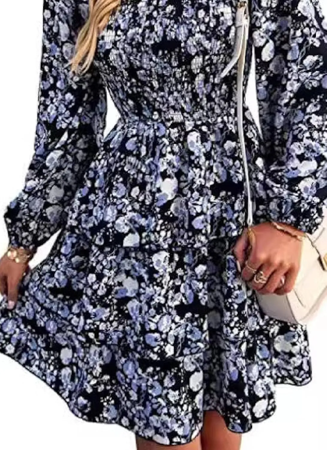 Women's Elegant Floral Print Tiered Ruffle Mini Dress Casual Square Neck Long Sleeve Smocked Dresses Summer Beach Wear