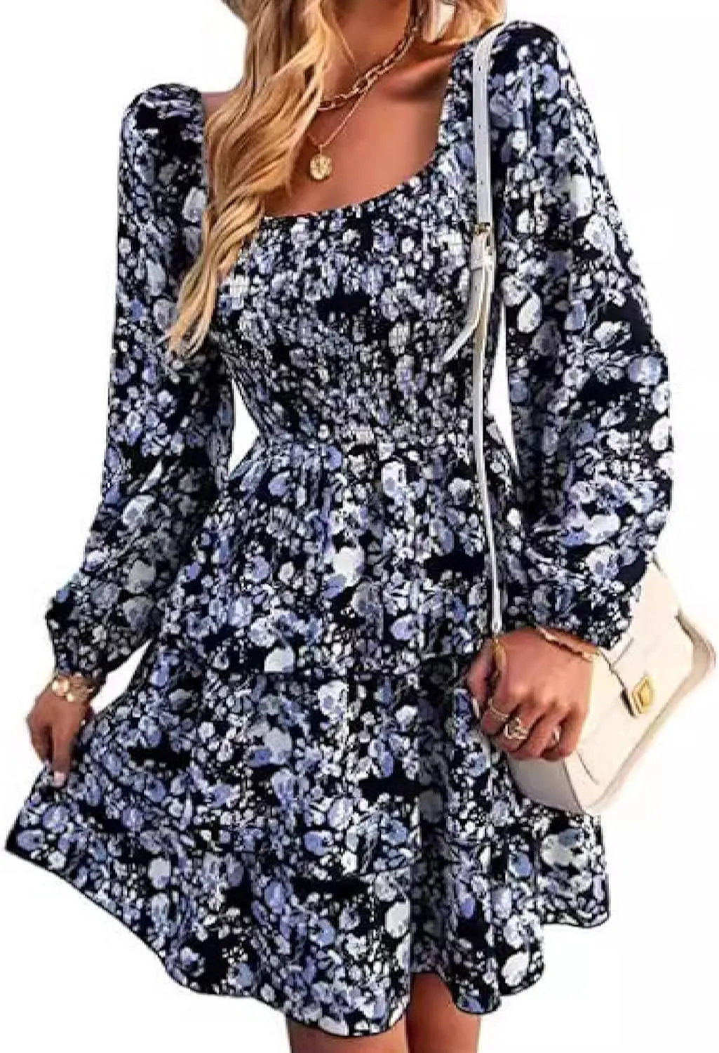 Women's Elegant Floral Print Tiered Ruffle Mini Dress Casual Square Neck Long Sleeve Smocked Dresses Summer Beach Wear