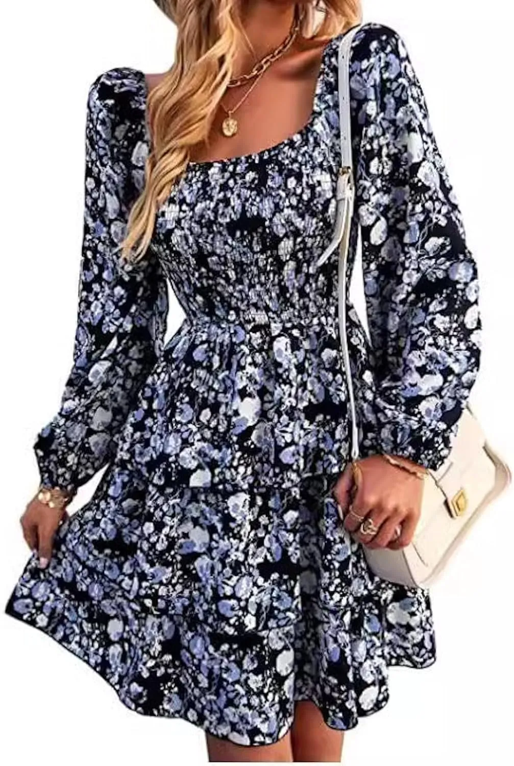 Women's Elegant Floral Print Tiered Ruffle Mini Dress Casual Square Neck Long Sleeve Smocked Dresses Summer Beach Wear