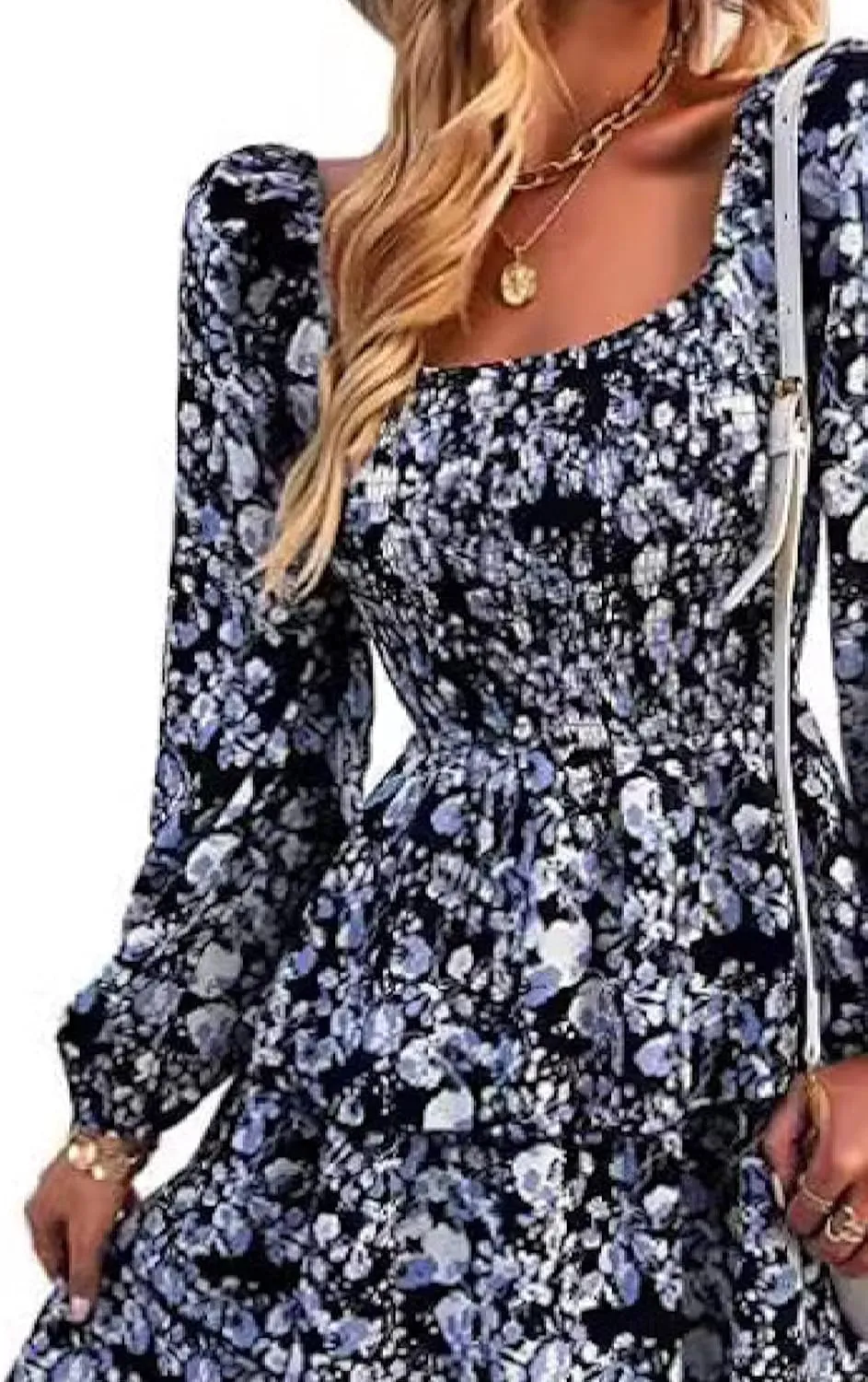Women's Elegant Floral Print Tiered Ruffle Mini Dress Casual Square Neck Long Sleeve Smocked Dresses Summer Beach Wear