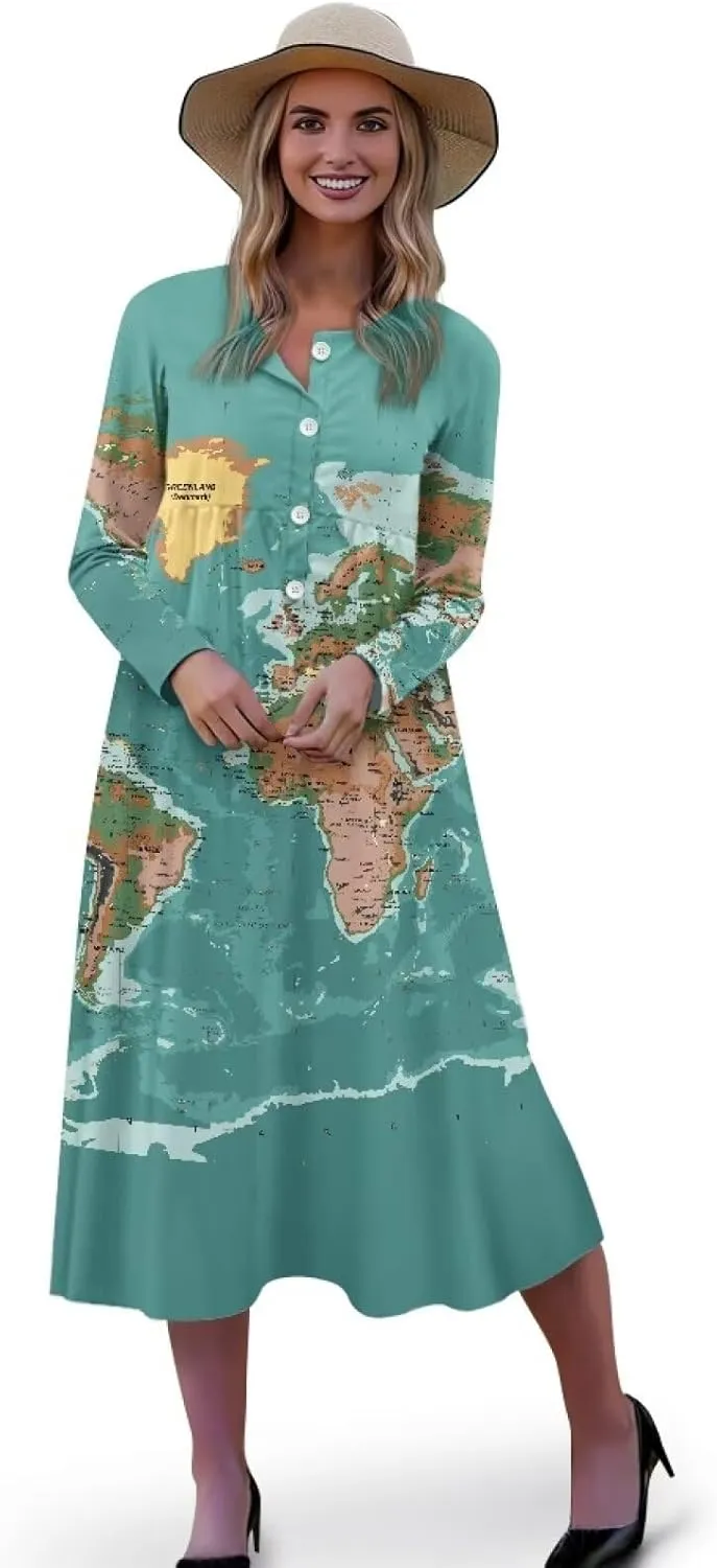 Women's Fall Dress Lapel V-Neck Long Sleeve Button Down Dresses with Pockets
