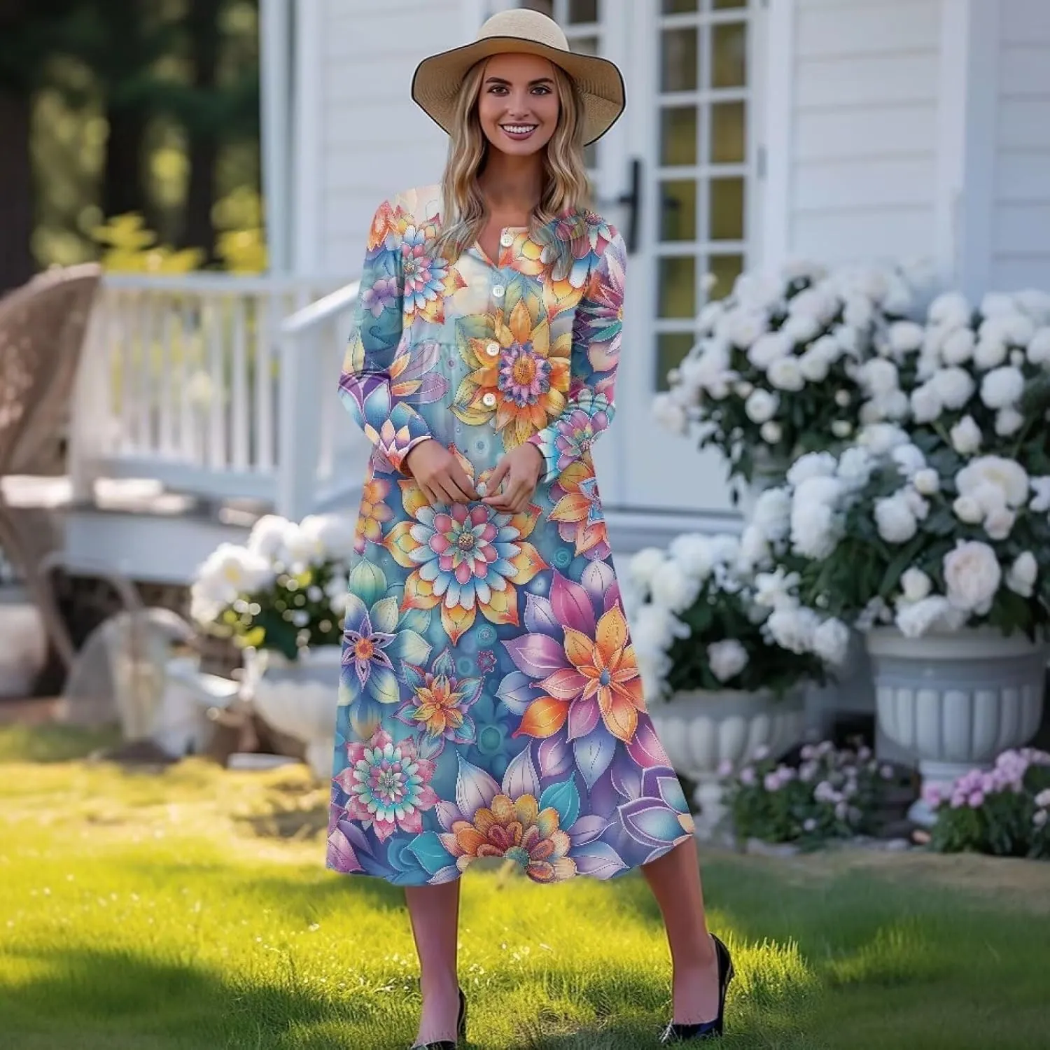 Women's Fall Dress Lapel V-Neck Long Sleeve Button Down Dresses with Pockets