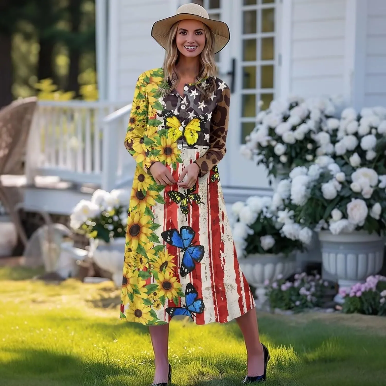 Women's Fall Dress Lapel V-Neck Long Sleeve Button Down Dresses with Pockets