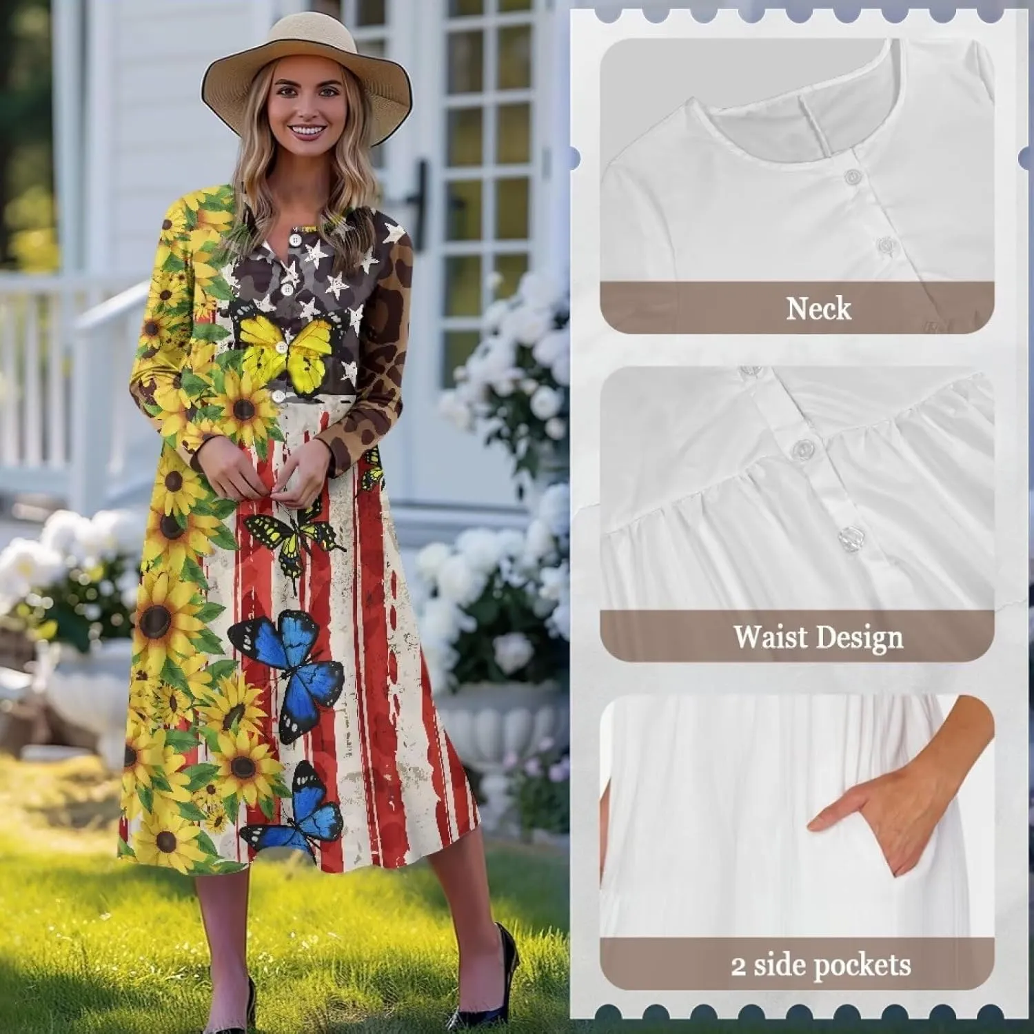 Women's Fall Dress Lapel V-Neck Long Sleeve Button Down Dresses with Pockets