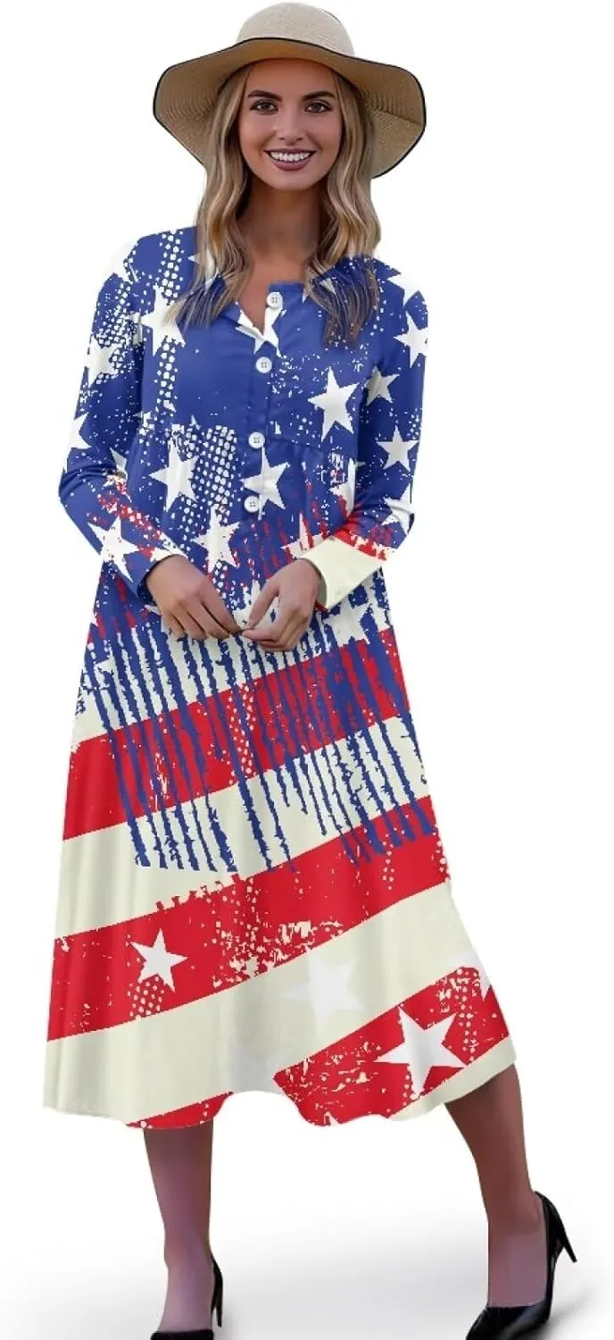 Women's Fall Dress Lapel V-Neck Long Sleeve Button Down Dresses with Pockets