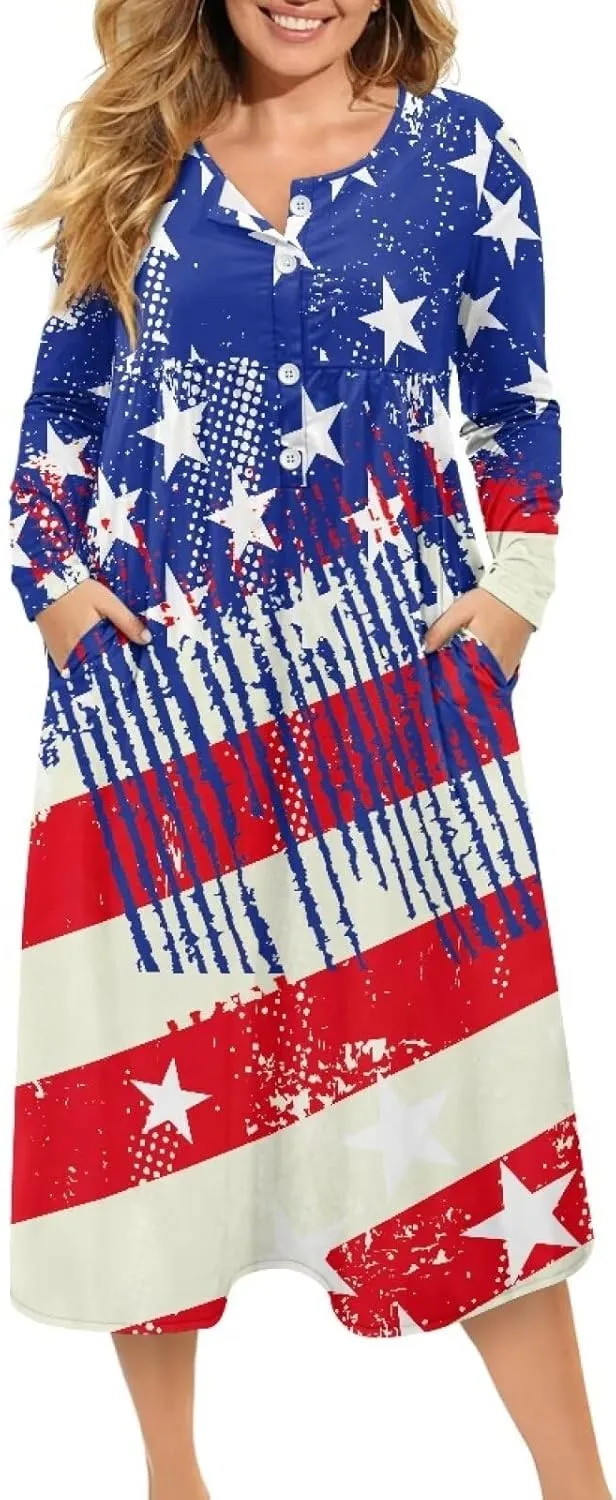 Women's Fall Dress Lapel V-Neck Long Sleeve Button Down Dresses with Pockets
