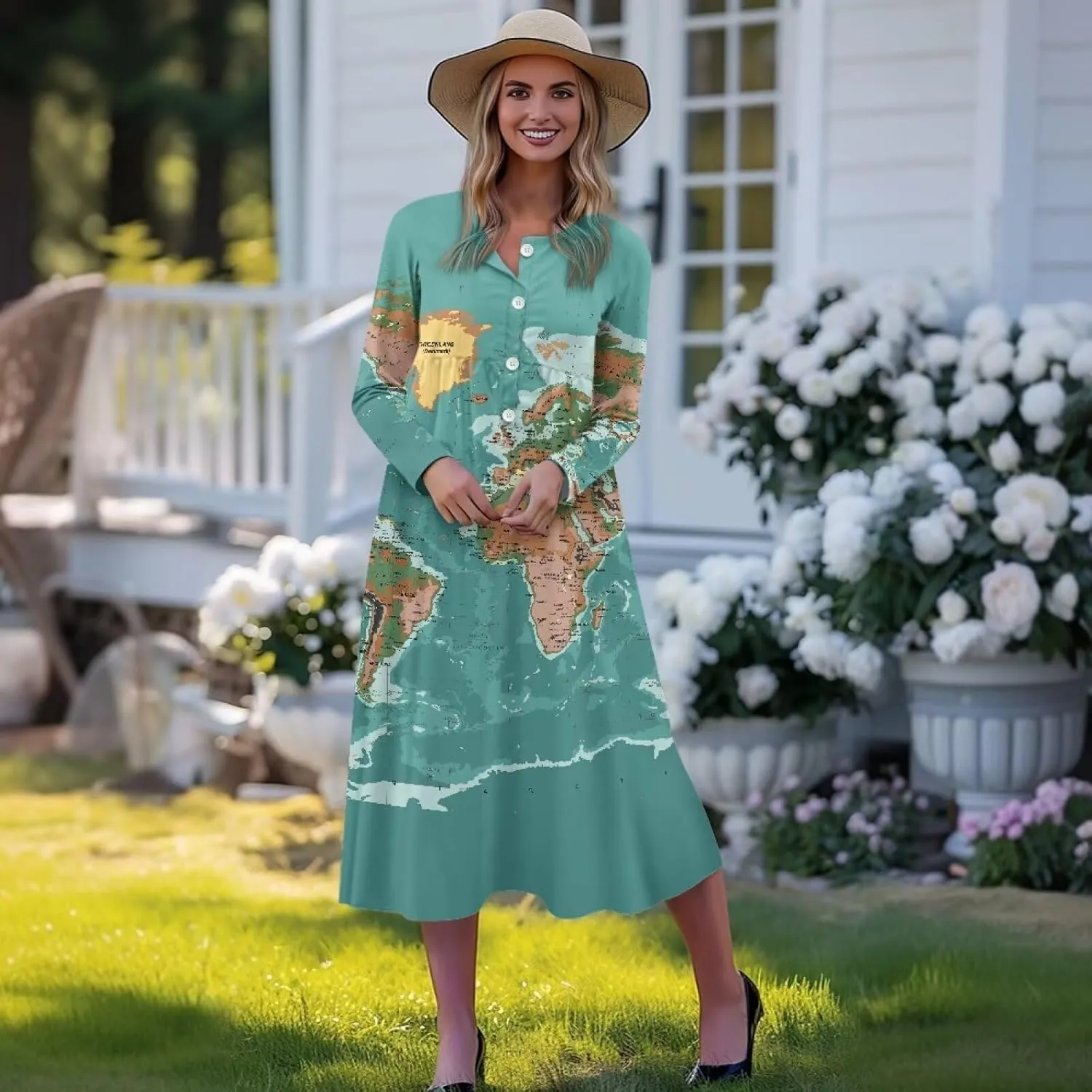 Women's Fall Dress Lapel V-Neck Long Sleeve Button Down Dresses with Pockets
