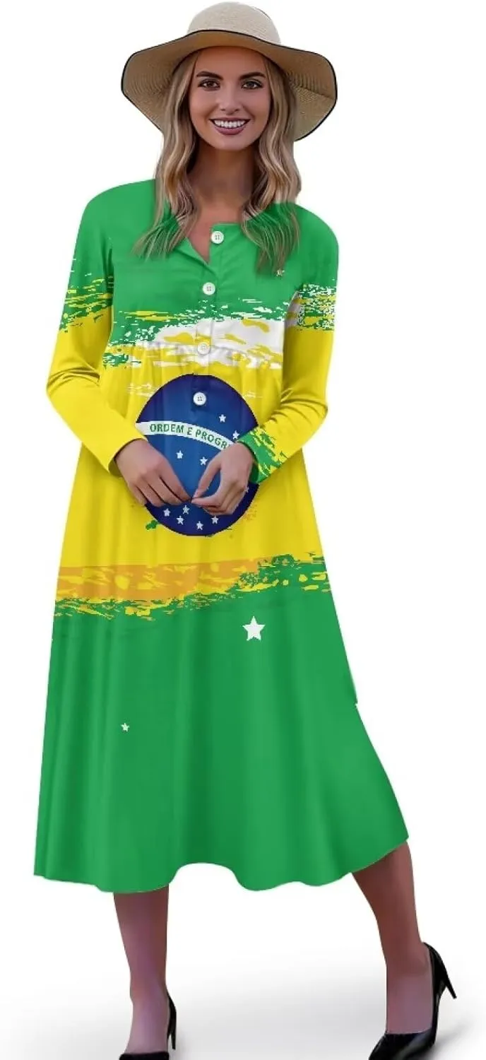 Women's Fall Dress Lapel V-Neck Long Sleeve Button Down Dresses with Pockets