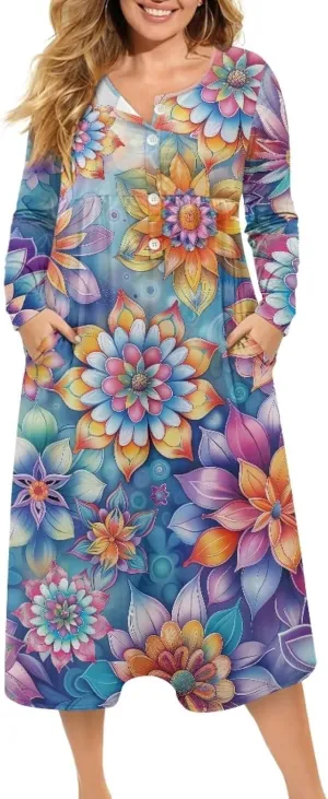 Women's Fall Dress Lapel V-Neck Long Sleeve Button Down Dresses with Pockets