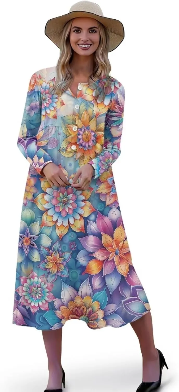 Women's Fall Dress Lapel V-Neck Long Sleeve Button Down Dresses with Pockets