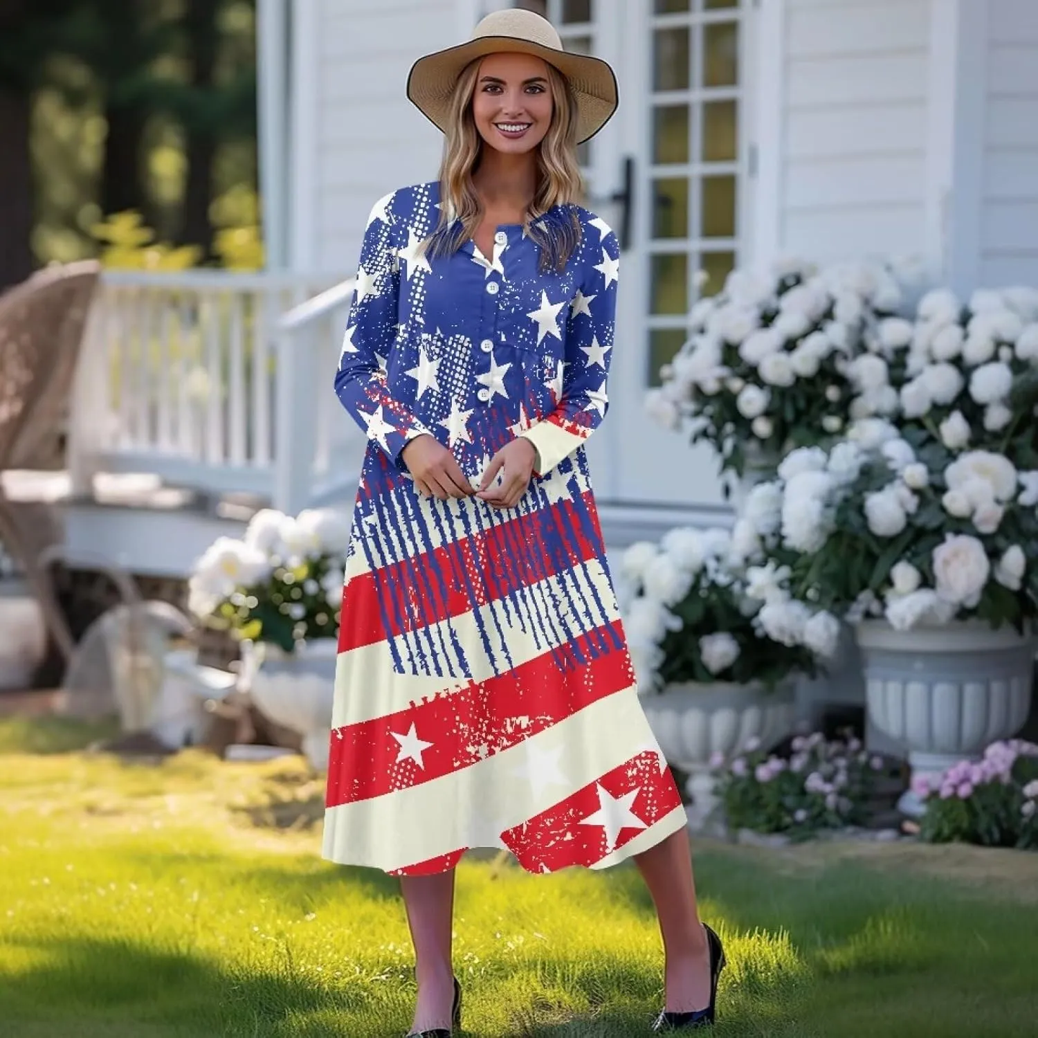 Women's Fall Dress Lapel V-Neck Long Sleeve Button Down Dresses with Pockets