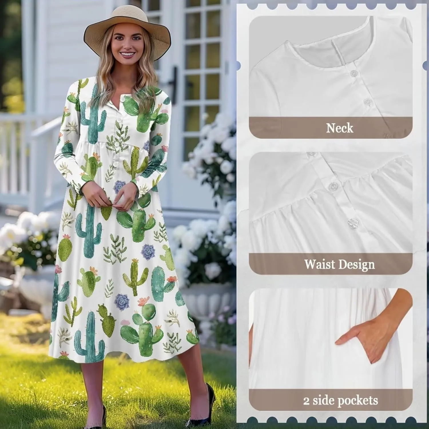 Women's Fall Dress Lapel V-Neck Long Sleeve Button Down Dresses with Pockets