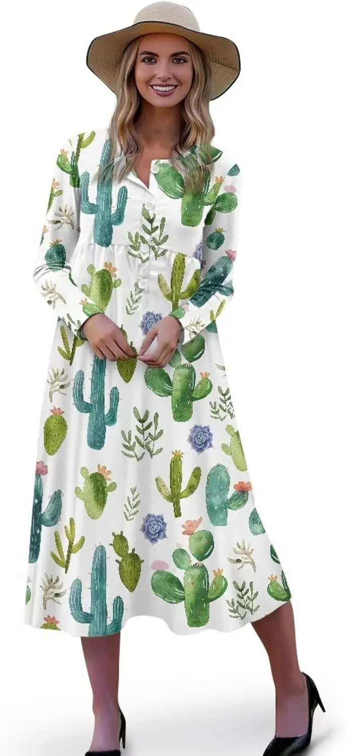 Women's Fall Dress Lapel V-Neck Long Sleeve Button Down Dresses with Pockets