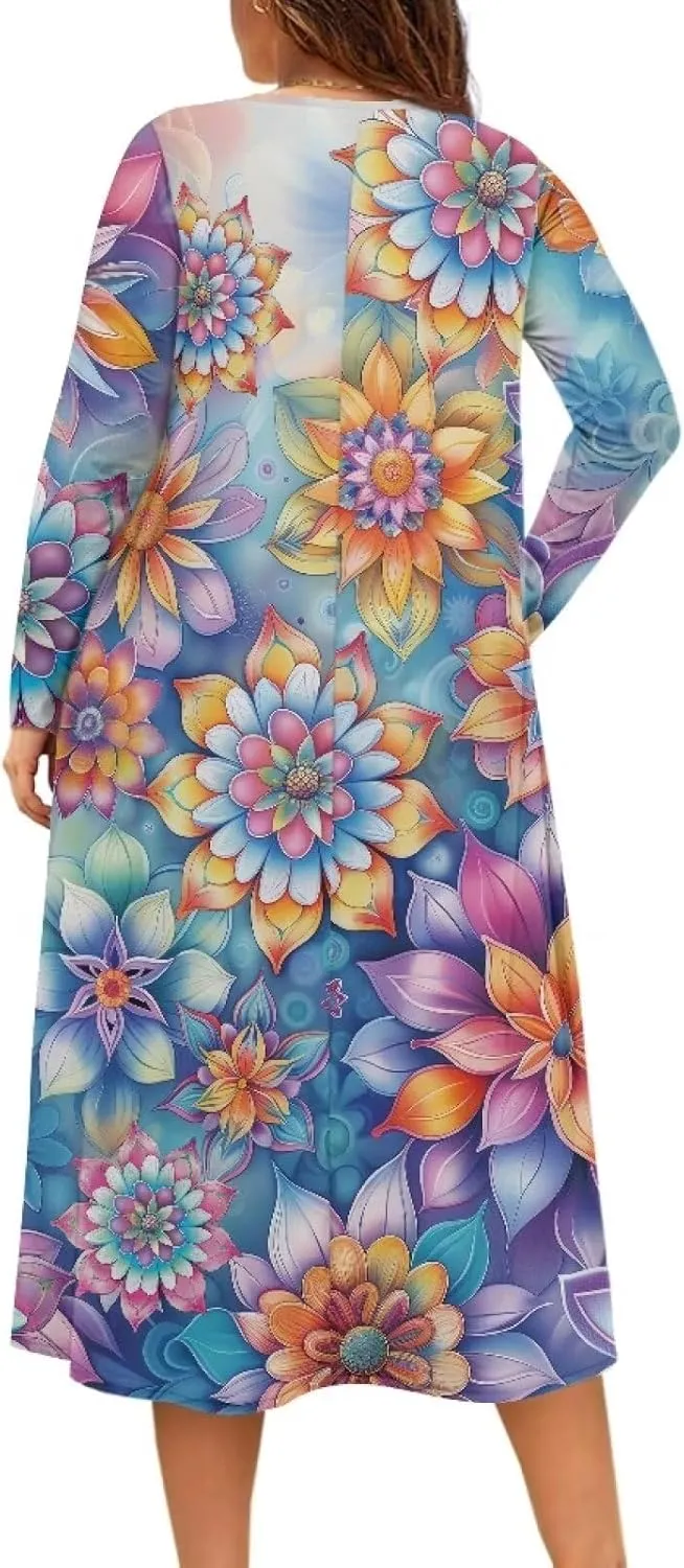 Women's Fall Dress Lapel V-Neck Long Sleeve Button Down Dresses with Pockets
