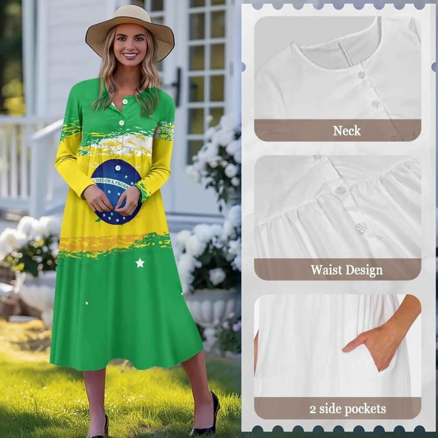 Women's Fall Dress Lapel V-Neck Long Sleeve Button Down Dresses with Pockets