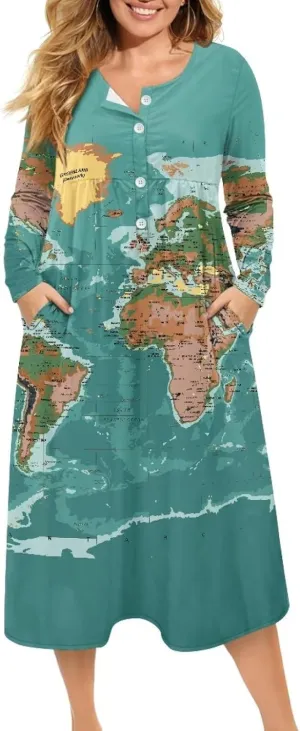 Women's Fall Dress Lapel V-Neck Long Sleeve Button Down Dresses with Pockets