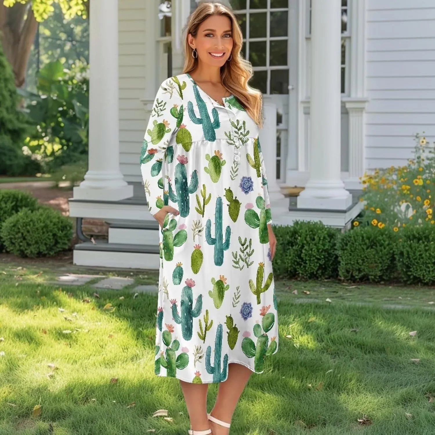 Women's Fall Dress Lapel V-Neck Long Sleeve Button Down Dresses with Pockets