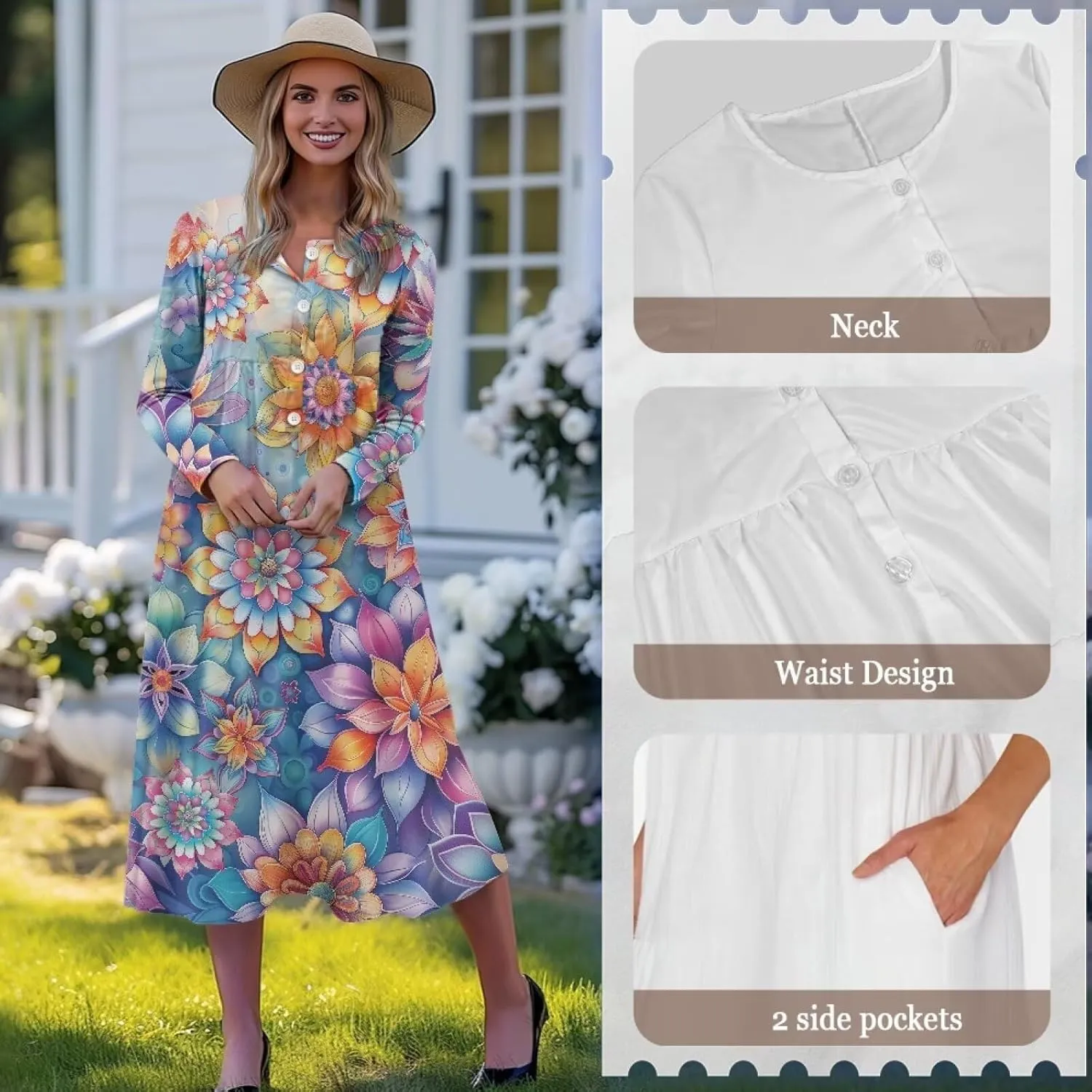 Women's Fall Dress Lapel V-Neck Long Sleeve Button Down Dresses with Pockets