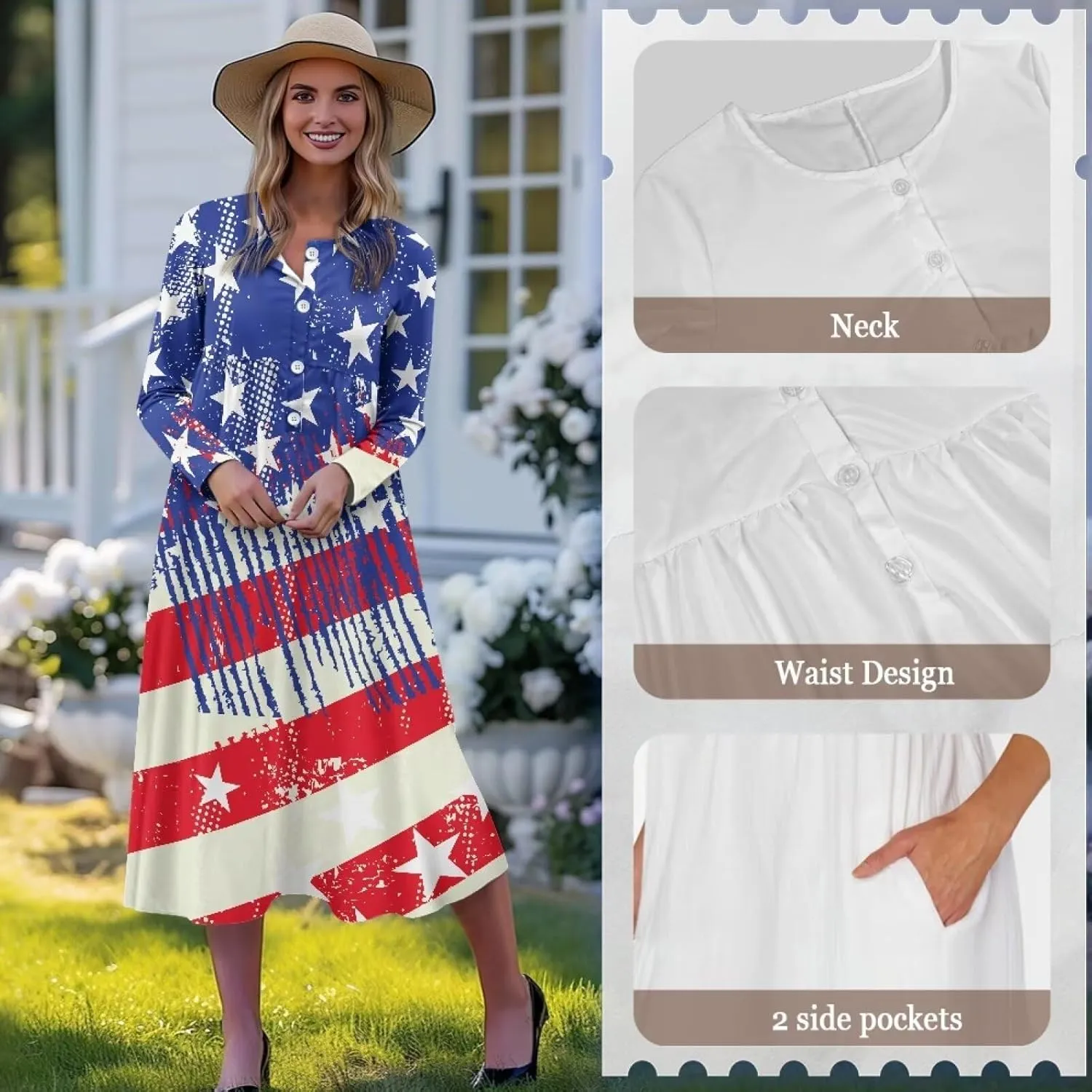 Women's Fall Dress Lapel V-Neck Long Sleeve Button Down Dresses with Pockets