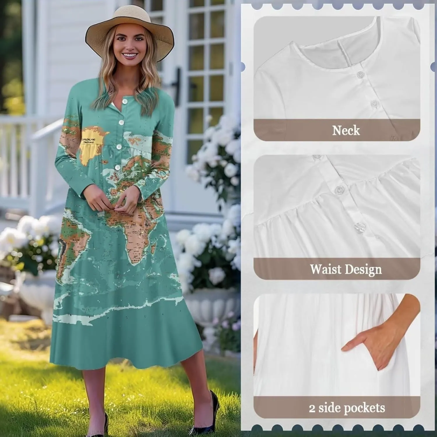 Women's Fall Dress Lapel V-Neck Long Sleeve Button Down Dresses with Pockets