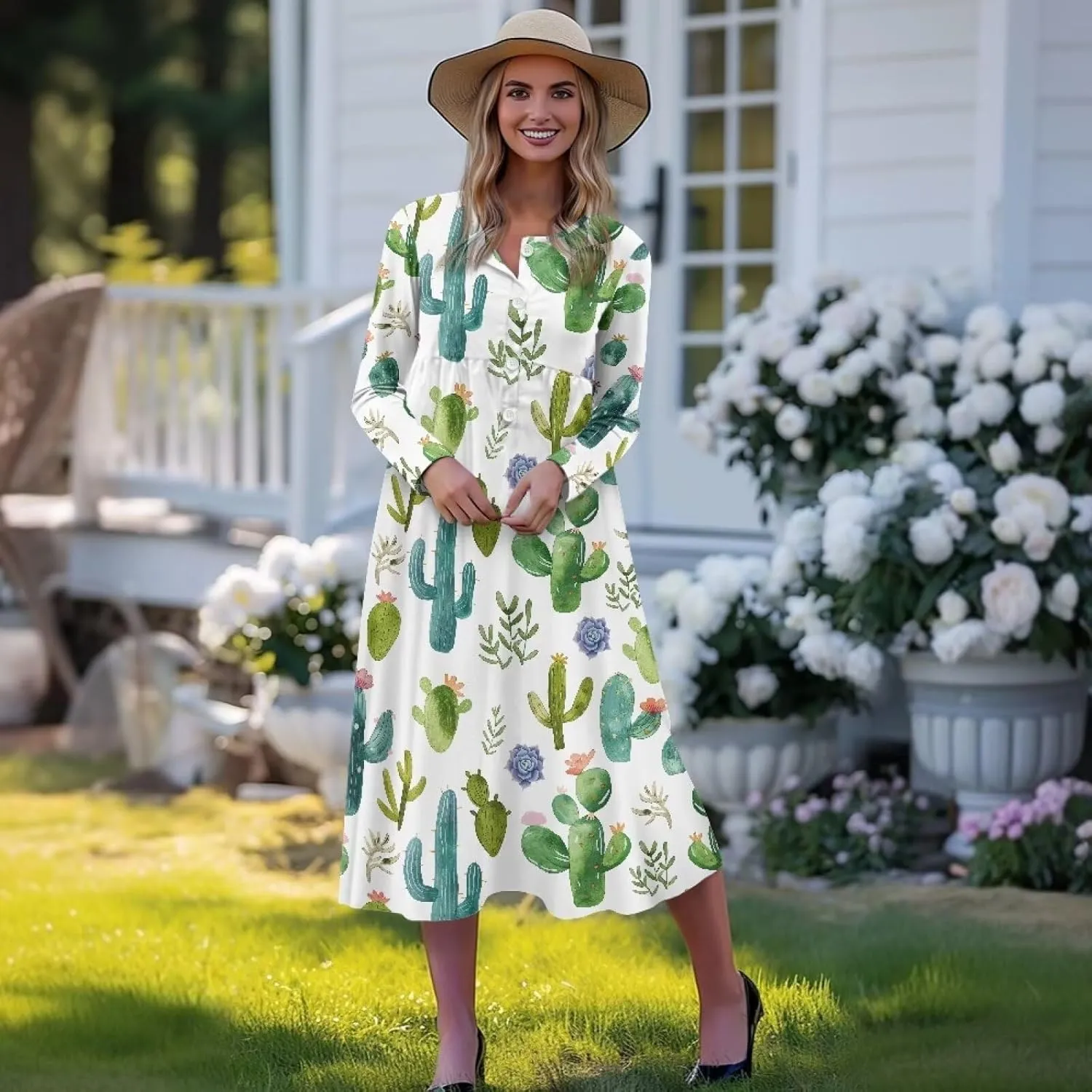 Women's Fall Dress Lapel V-Neck Long Sleeve Button Down Dresses with Pockets