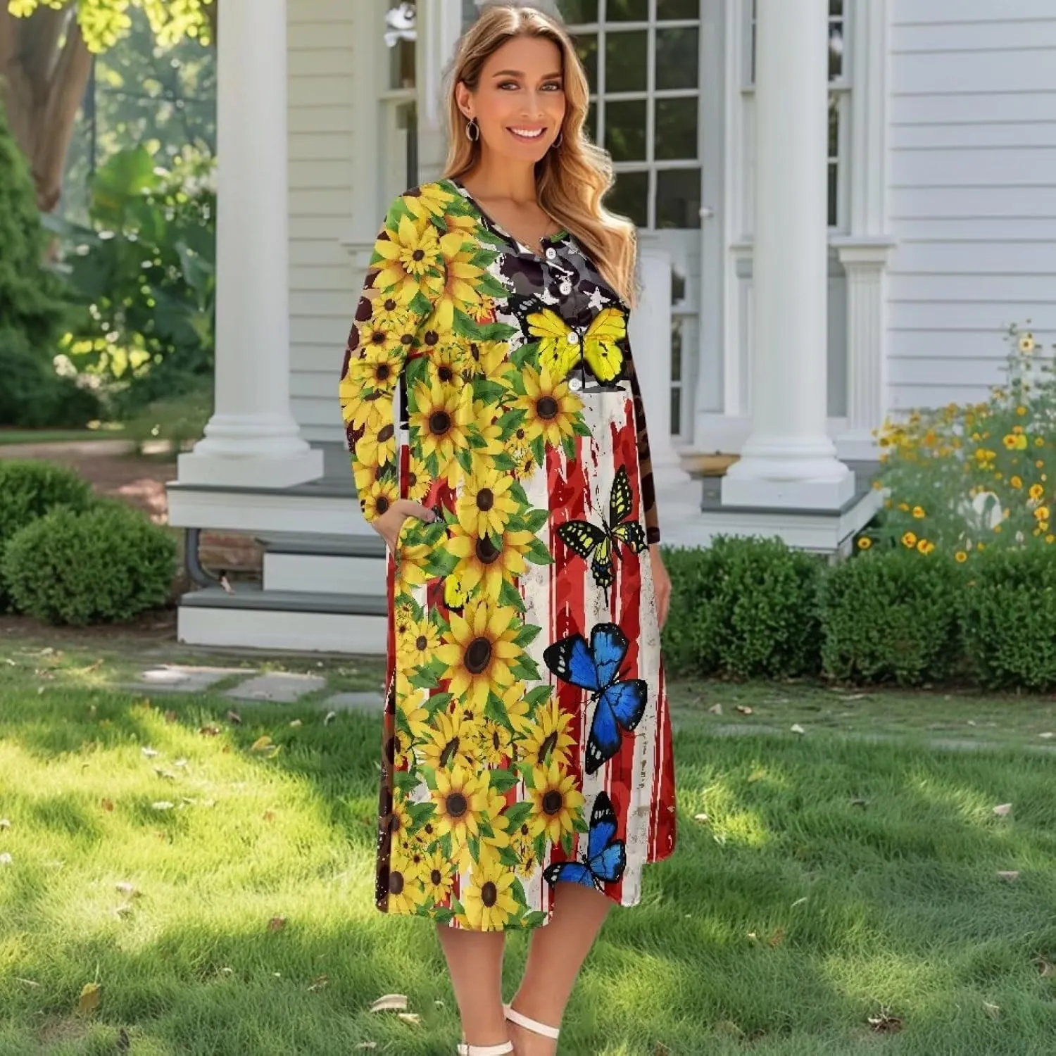 Women's Fall Dress Lapel V-Neck Long Sleeve Button Down Dresses with Pockets