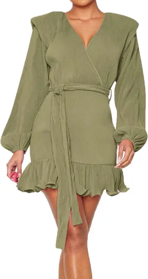 Women's Fall Winter Casual Long Sleeve V Neck Dress Waist Tie Ruffle Hem Trendy Elegant Solid Color Mini Swing Dresses
