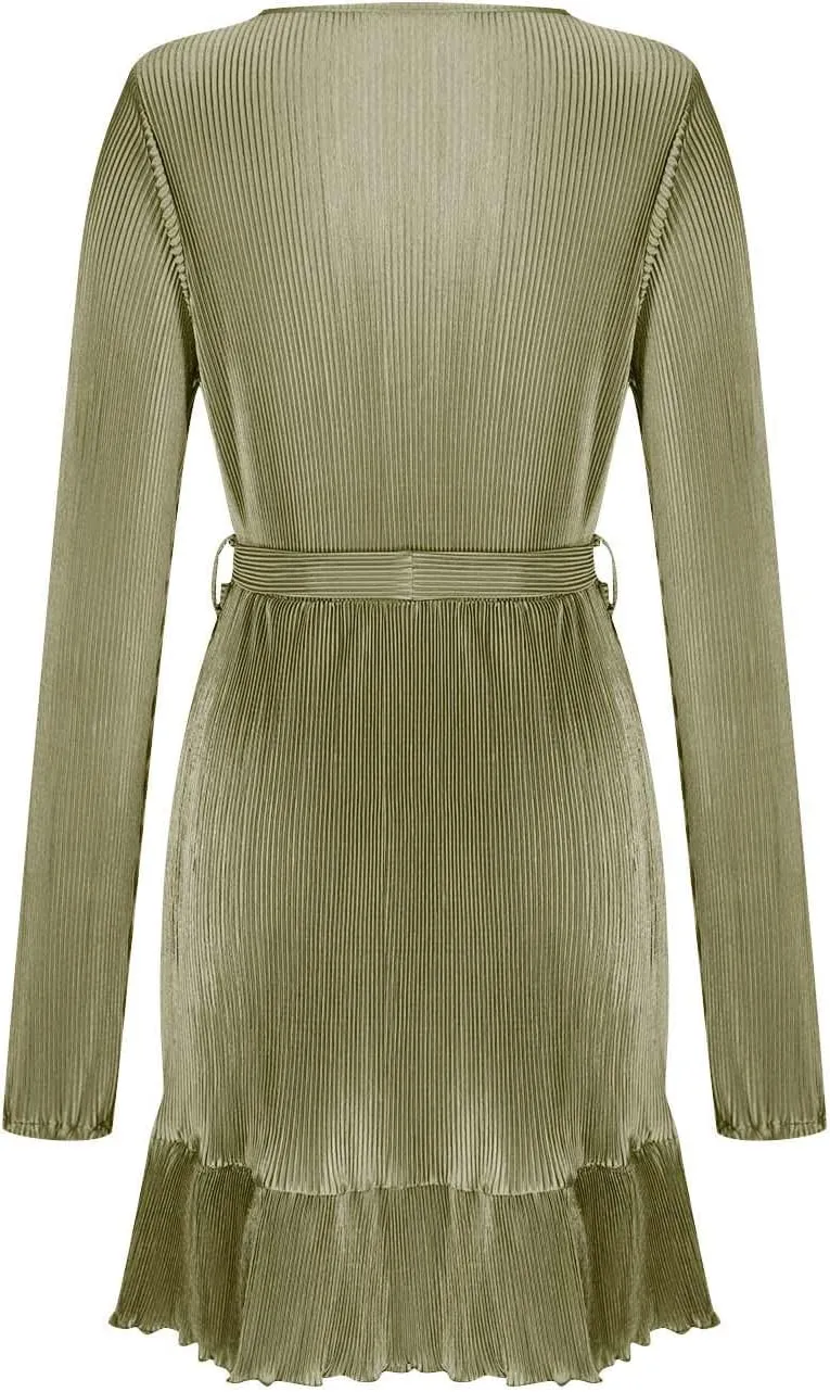 Women's Fall Winter Casual Long Sleeve V Neck Dress Waist Tie Ruffle Hem Trendy Elegant Solid Color Mini Swing Dresses
