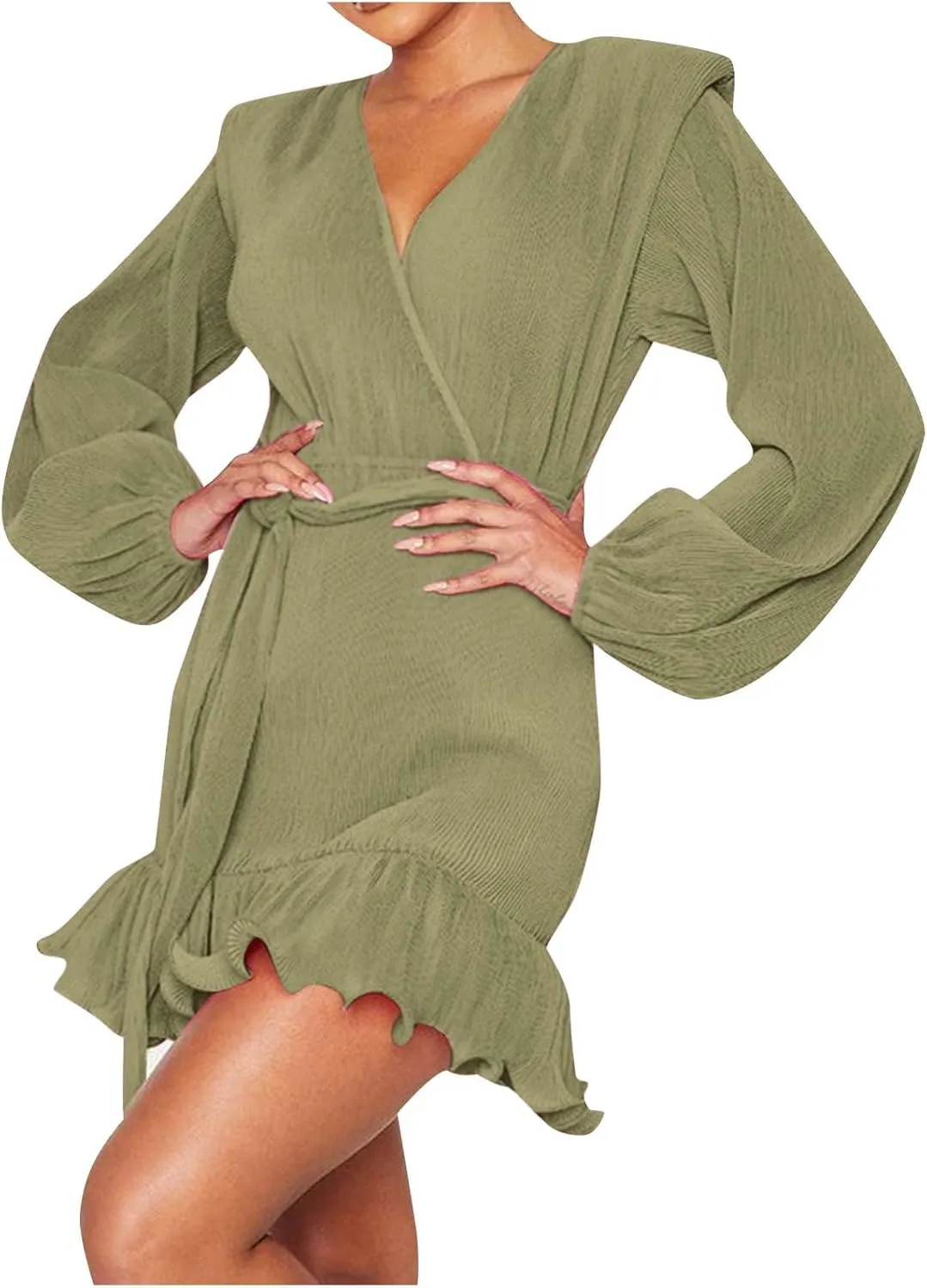 Women's Fall Winter Casual Long Sleeve V Neck Dress Waist Tie Ruffle Hem Trendy Elegant Solid Color Mini Swing Dresses
