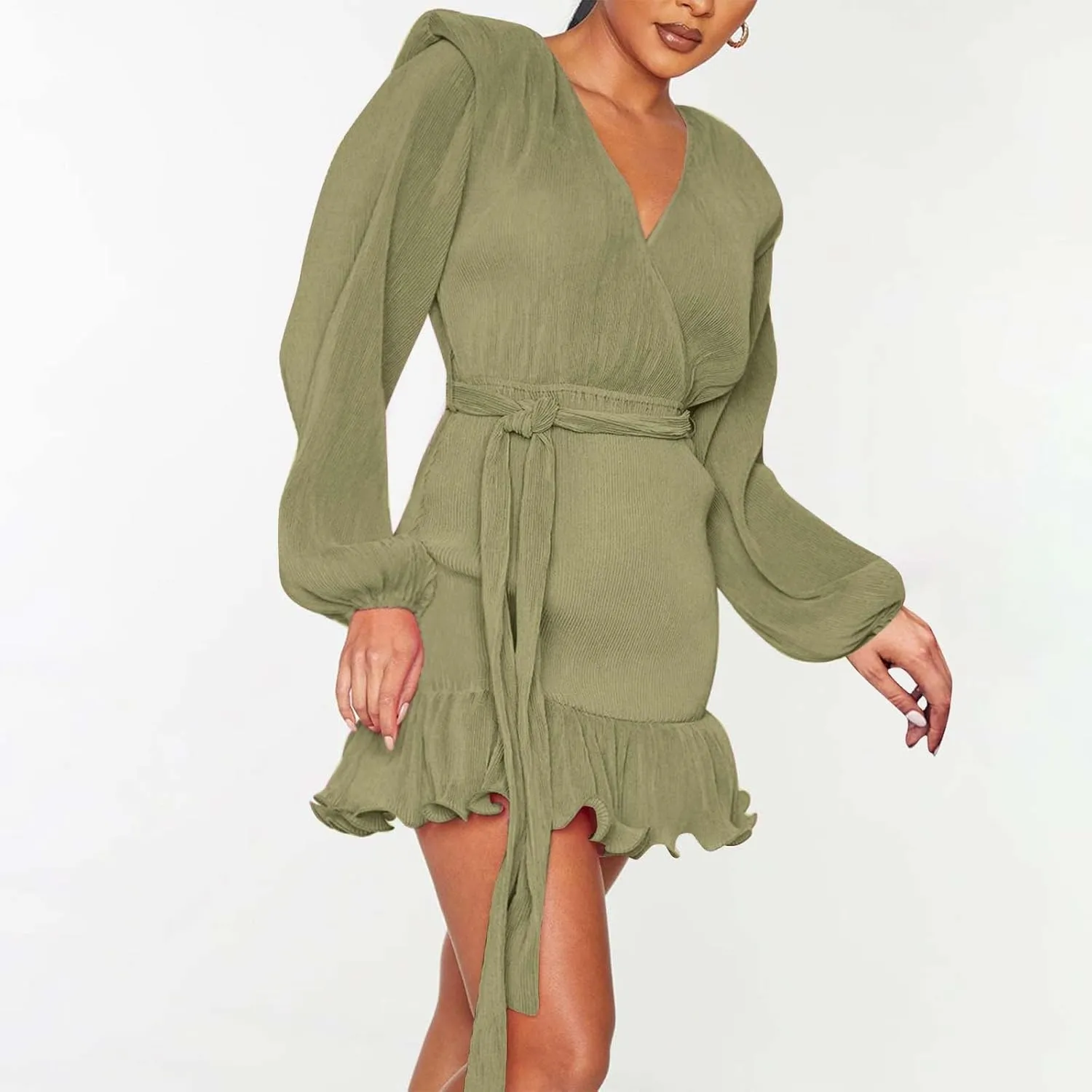Women's Fall Winter Casual Long Sleeve V Neck Dress Waist Tie Ruffle Hem Trendy Elegant Solid Color Mini Swing Dresses