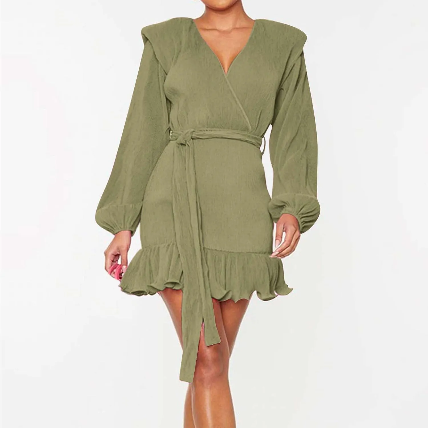 Women's Fall Winter Casual Long Sleeve V Neck Dress Waist Tie Ruffle Hem Trendy Elegant Solid Color Mini Swing Dresses