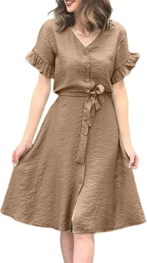 Womens Fashion Summer Dresses Elegant Short Sleeve Button Down Dresses Womens Ruffle Vacation Beach Dresses with Belt