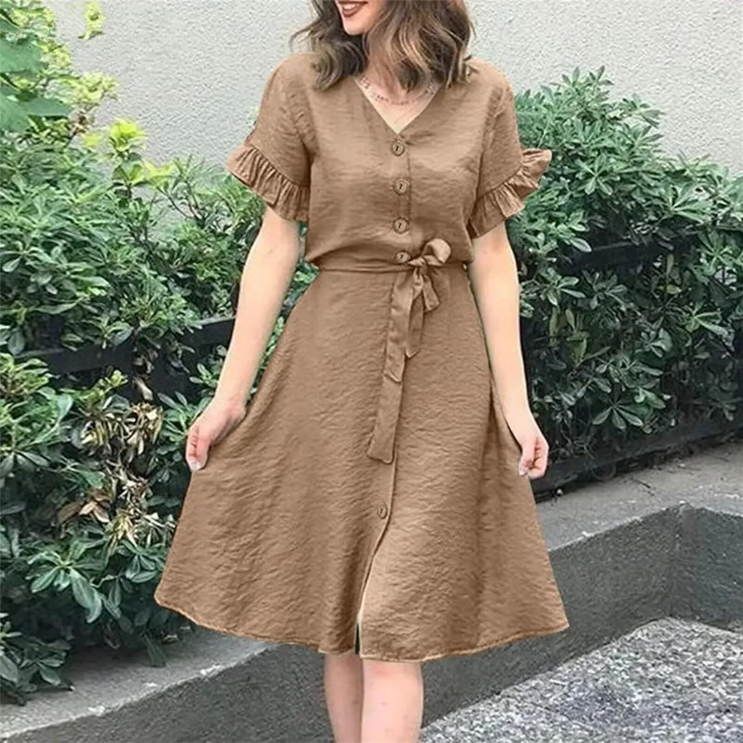 Womens Fashion Summer Dresses Elegant Short Sleeve Button Down Dresses Womens Ruffle Vacation Beach Dresses with Belt