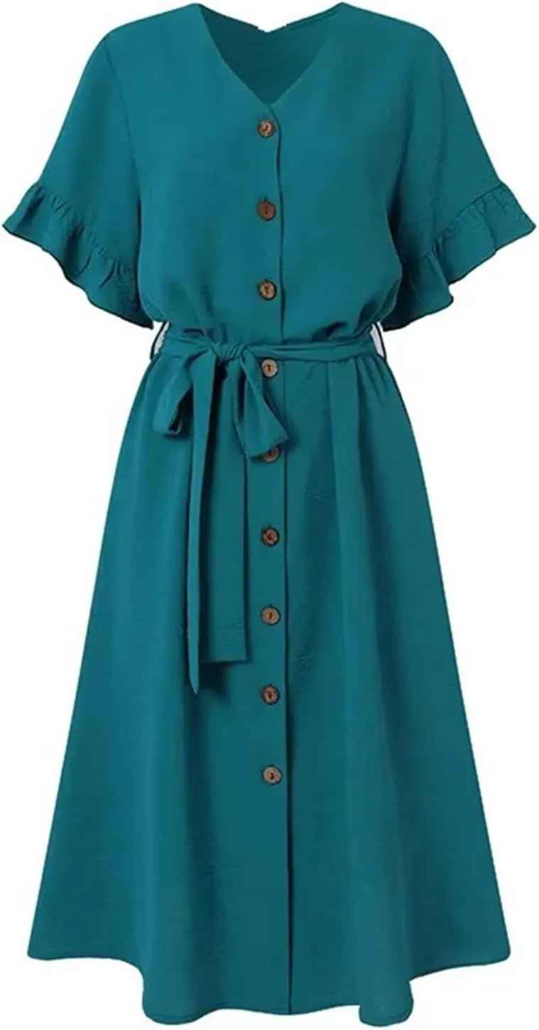 Womens Fashion Summer Dresses Elegant Short Sleeve Button Down Dresses Womens Ruffle Vacation Beach Dresses with Belt