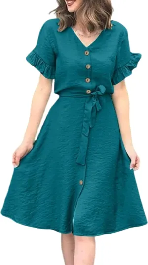 Womens Fashion Summer Dresses Elegant Short Sleeve Button Down Dresses Womens Ruffle Vacation Beach Dresses with Belt